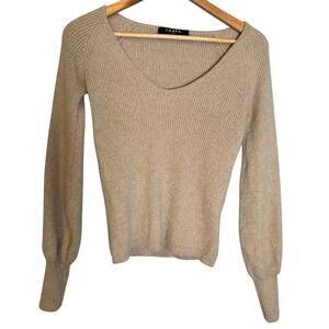 CAARA Cashmere Ribbed V Neck Balloon‎ Sleeve Sweater Size XS Beige